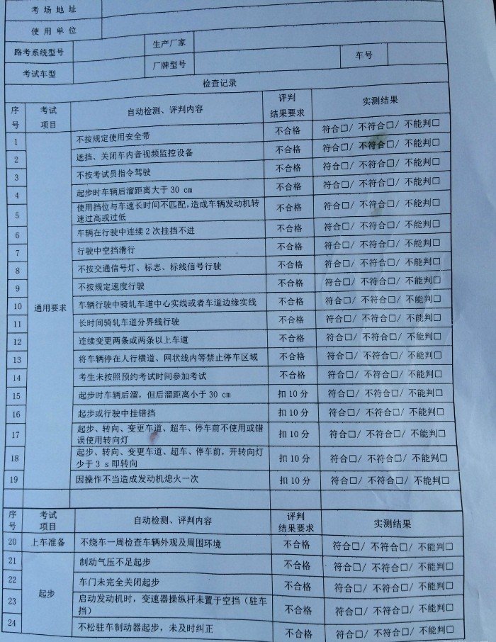 科目三考试评分表