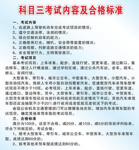 科目三考试内容及合格标准2019版